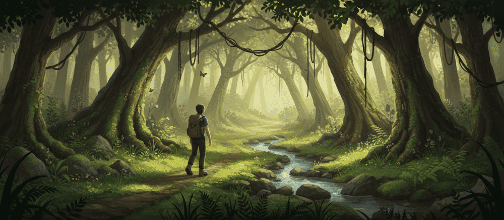 Uma jornada silenciosa entre árvores e sombras