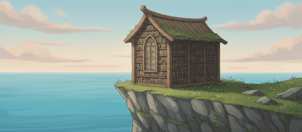 Pieni kirjasto meren rannalla