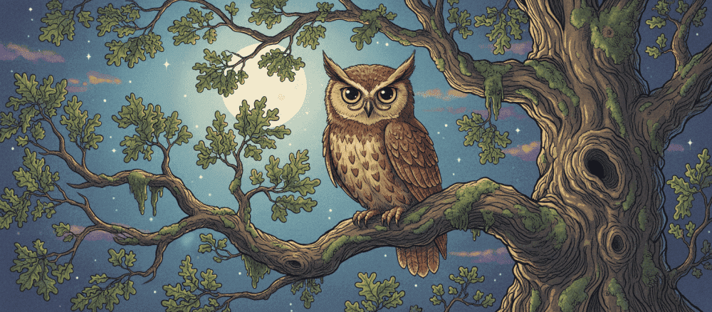 Mądra sowa z wielkiego drzewa