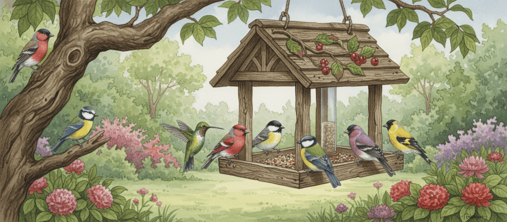 庭[にわ] に 来[く]る 小[ちい]さな 鳥[とり] たち