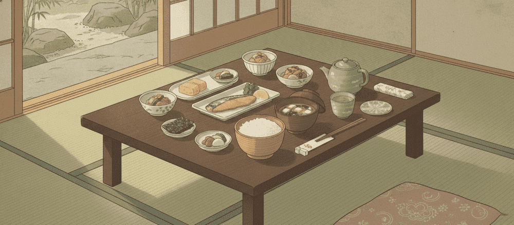 日本[にほん] の 宿[やど] で 朝[あさ] ごはん を 楽[たの]しむ