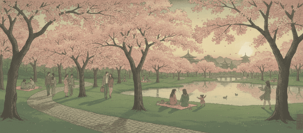 春[はる] の 公園[こうえん] で 流[なが]れる 音楽[おんがく]