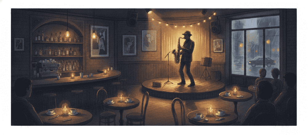 Jazzmuziek in een klein café