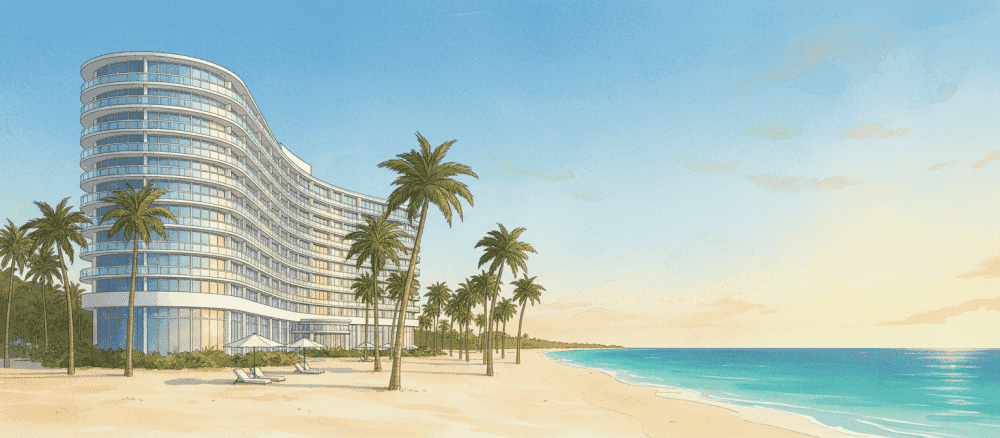 Een hotel aan het strand