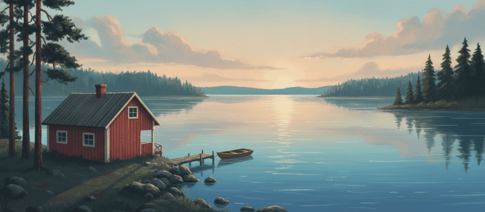 Pieni mökki suuren järven rannalla