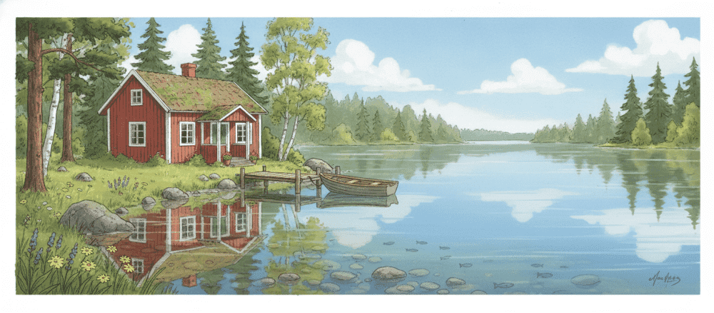 Pieni kesämökki järven rannalla